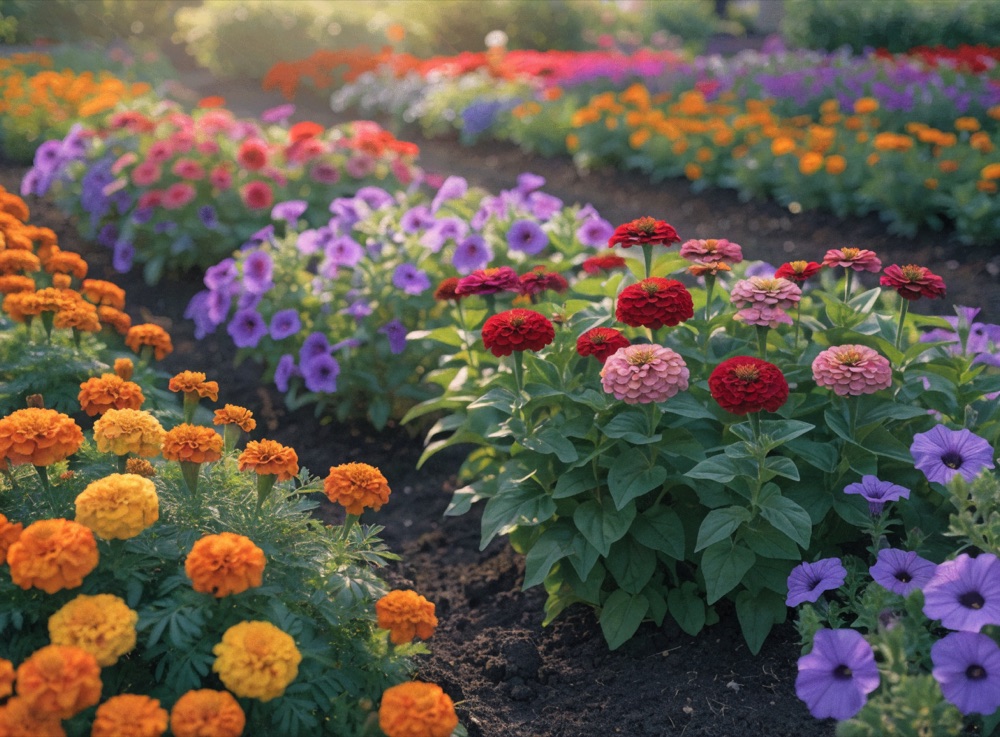 Flowering annuals in a nursery bed